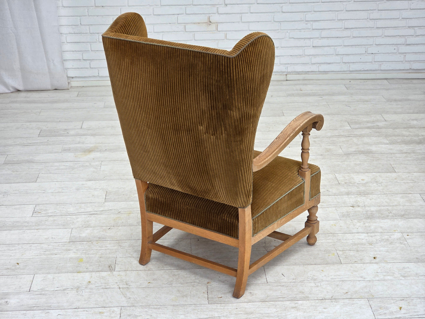 1970s, Scandinavian wingback, highback armchair, furniture corduroy, carved oak wood.