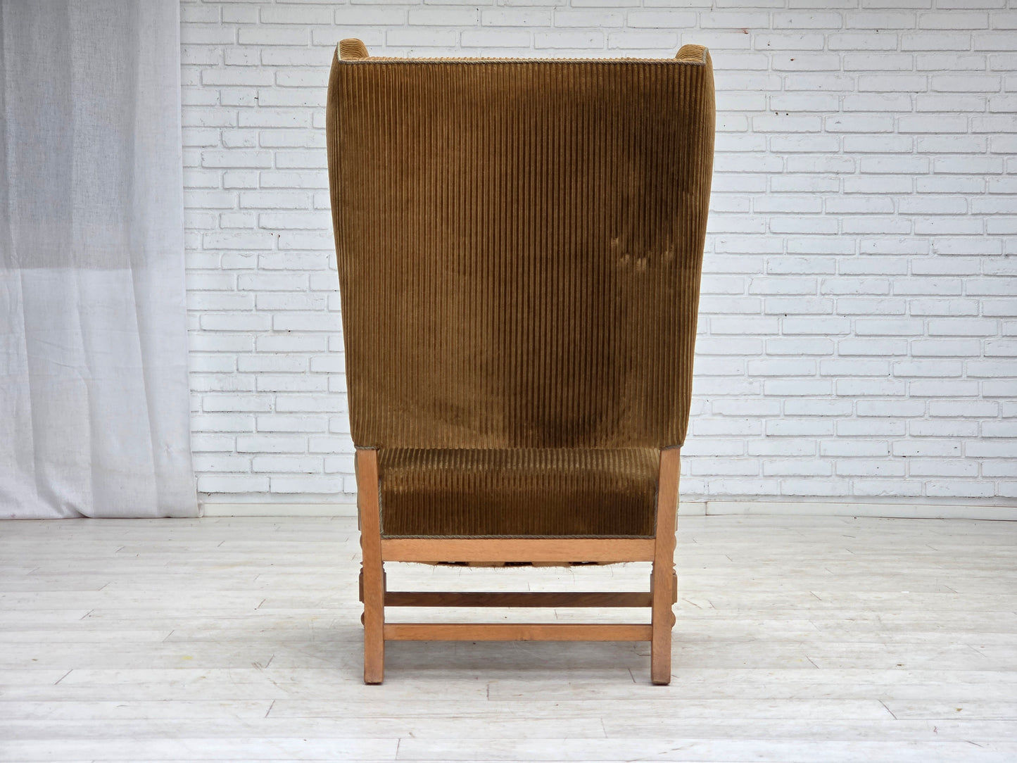 1970s, Scandinavian wingback, highback armchair, furniture corduroy, carved oak wood.