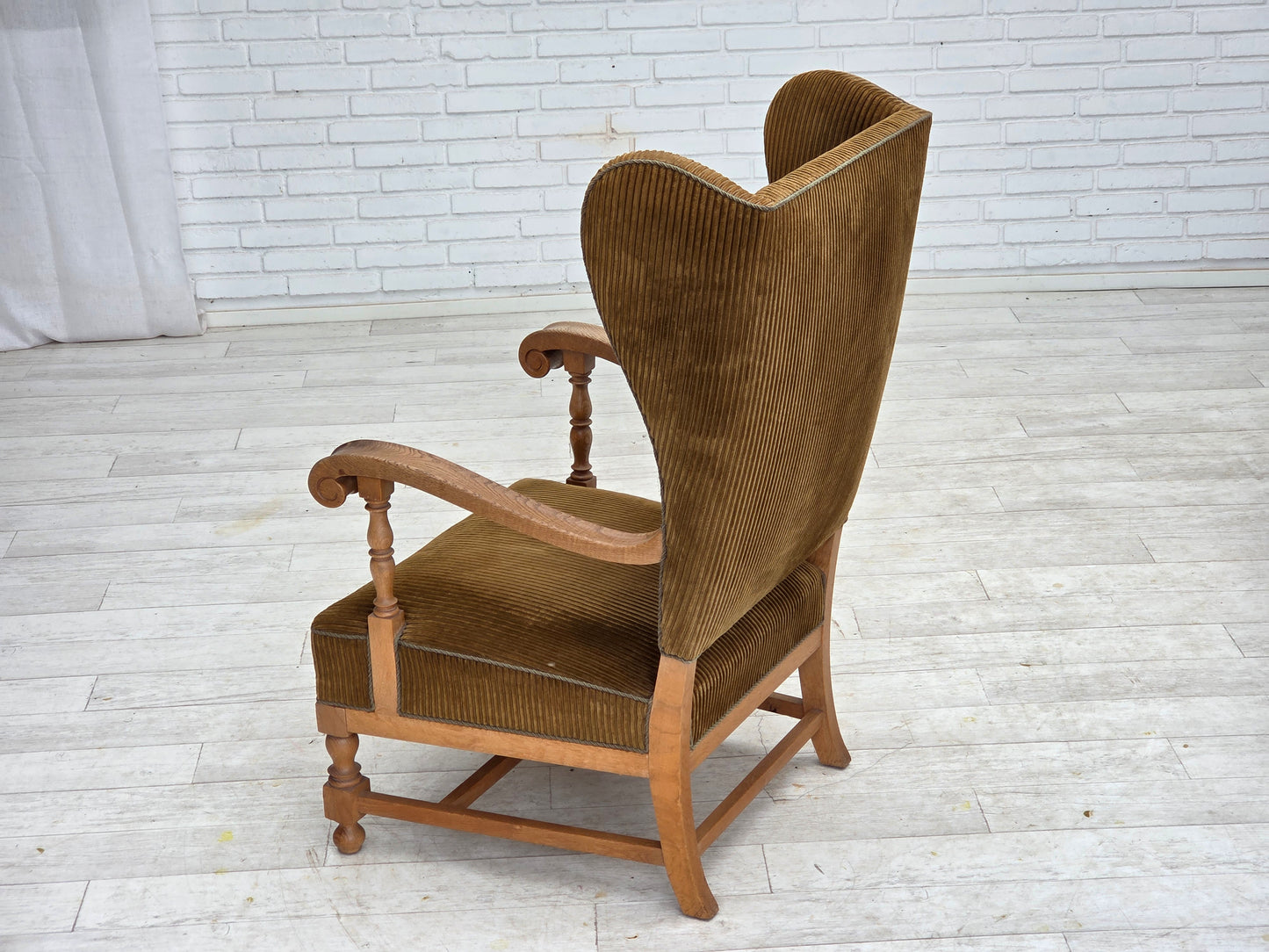 1970s, Scandinavian wingback, highback armchair, furniture corduroy, carved oak wood.