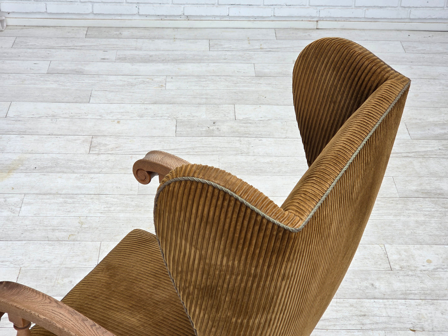 1970s, Scandinavian wingback, highback armchair, furniture corduroy, carved oak wood.