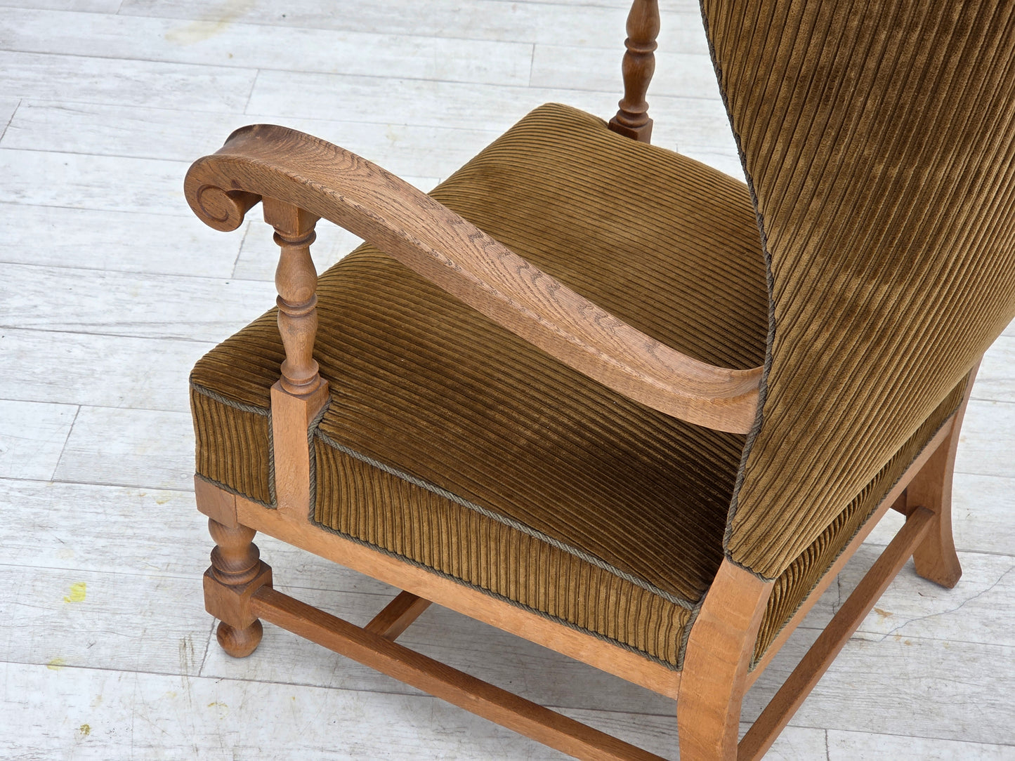 1970s, Scandinavian wingback, highback armchair, furniture corduroy, carved oak wood.