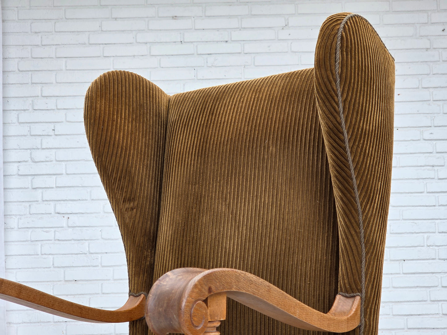 1970s, Scandinavian wingback, highback armchair, furniture corduroy, carved oak wood.