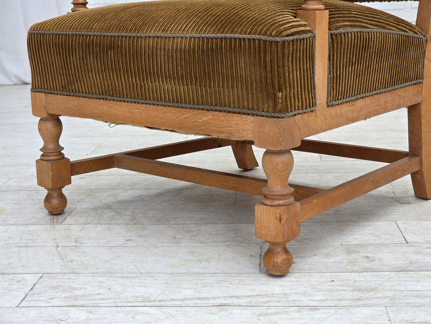 1970s, Scandinavian wingback, highback armchair, furniture corduroy, carved oak wood.