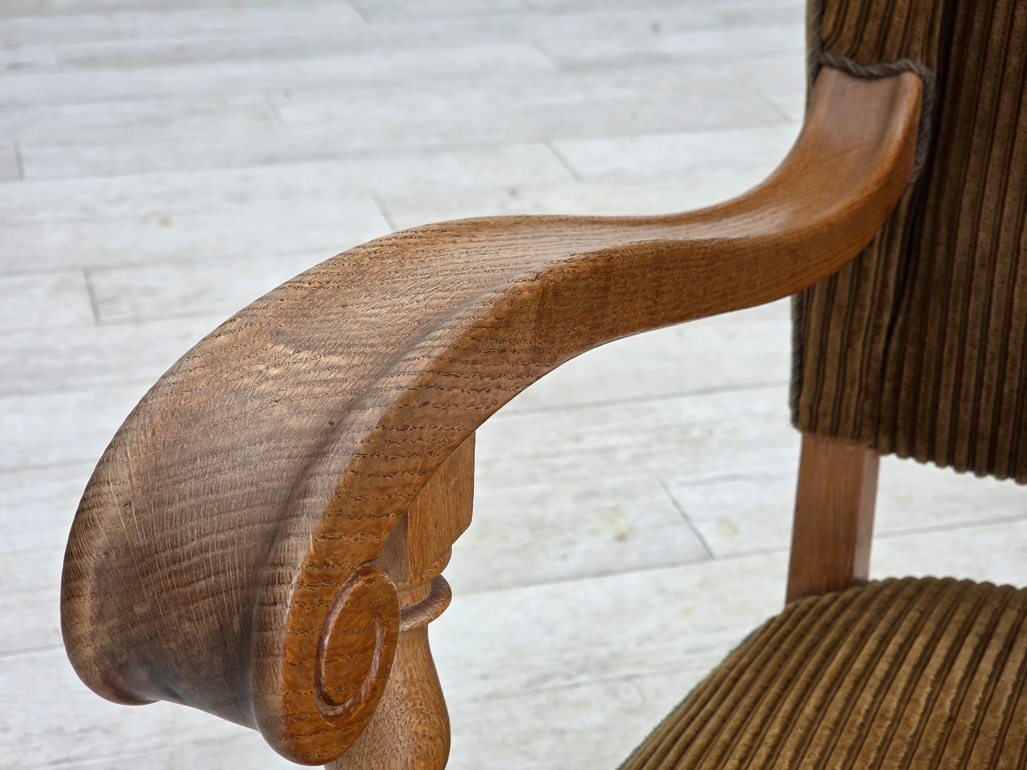 1970s, Scandinavian wingback, highback armchair, furniture corduroy, carved oak wood.
