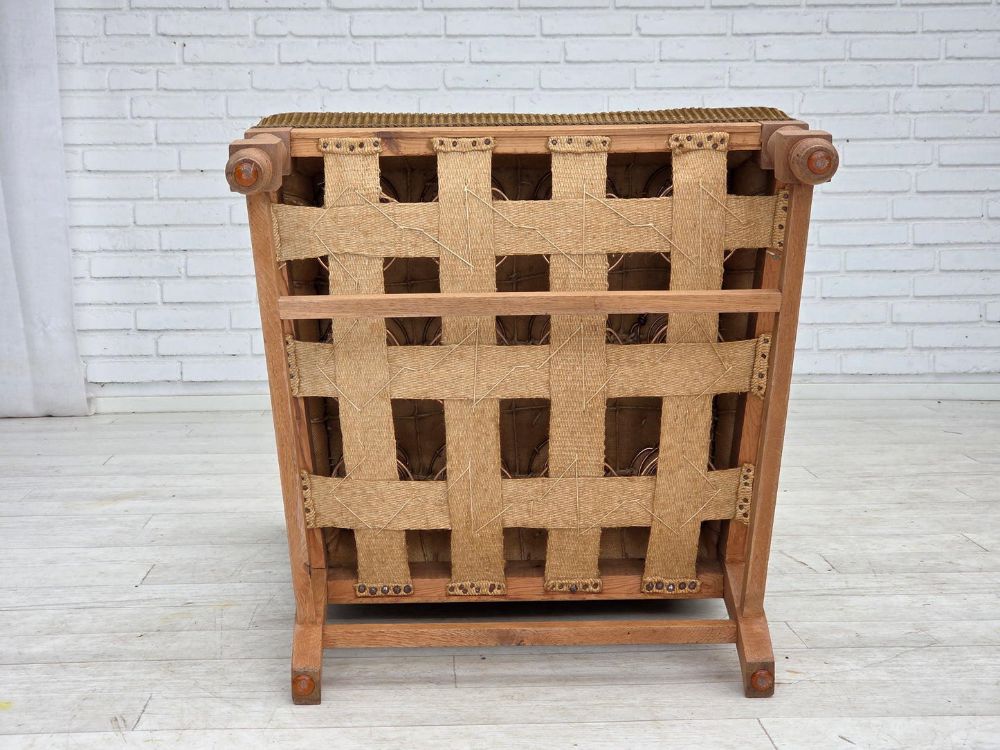1970s, Scandinavian wingback, highback armchair, furniture corduroy, carved oak wood.