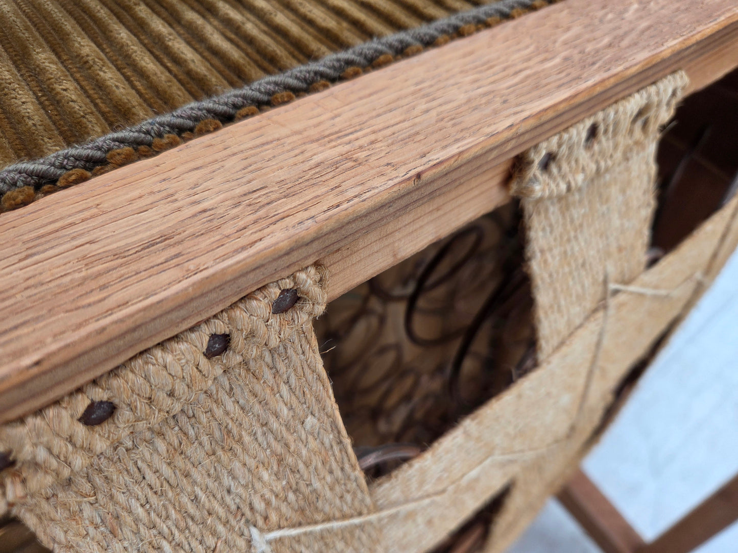 1970s, Scandinavian wingback, highback armchair, furniture corduroy, carved oak wood.
