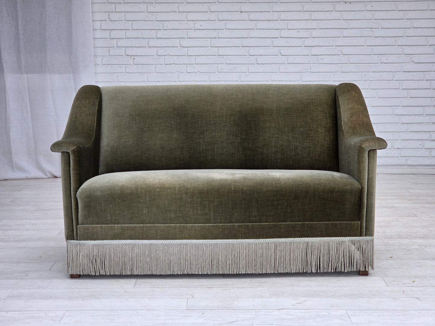 1970s, Danish 2-seater sofa, green furniture velour, beech wood.