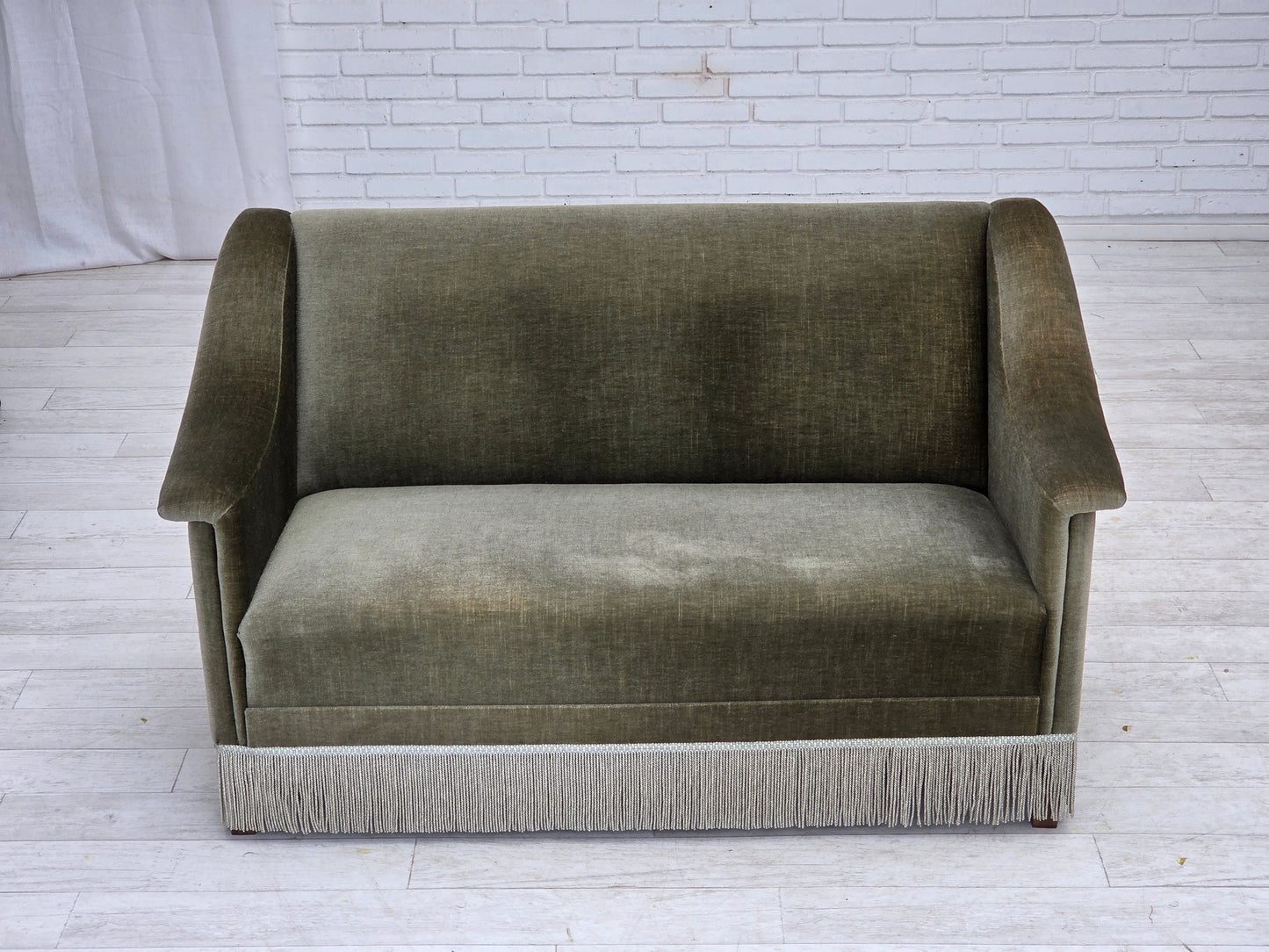 1970s, Danish 2-seater sofa, green furniture velour, beech wood.