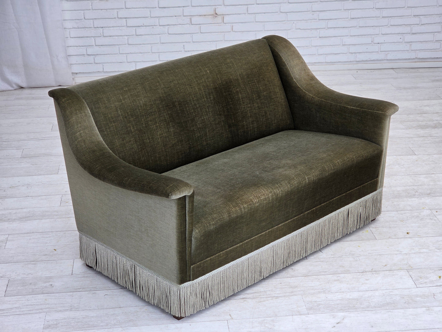 1970s, Danish 2-seater sofa, green furniture velour, beech wood.