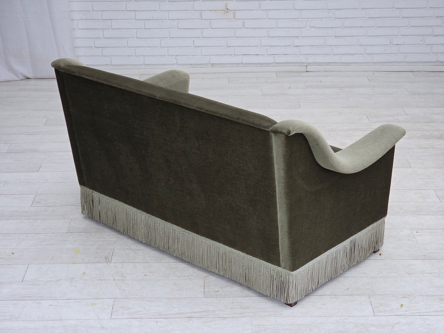 1970s, Danish 2-seater sofa, green furniture velour, beech wood.