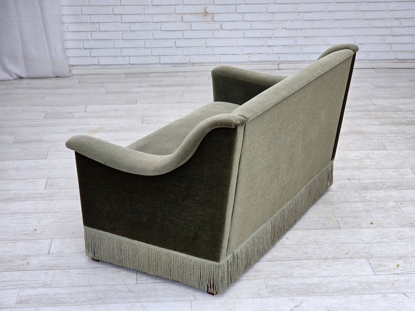 1970s, Danish 2-seater sofa, green furniture velour, beech wood.