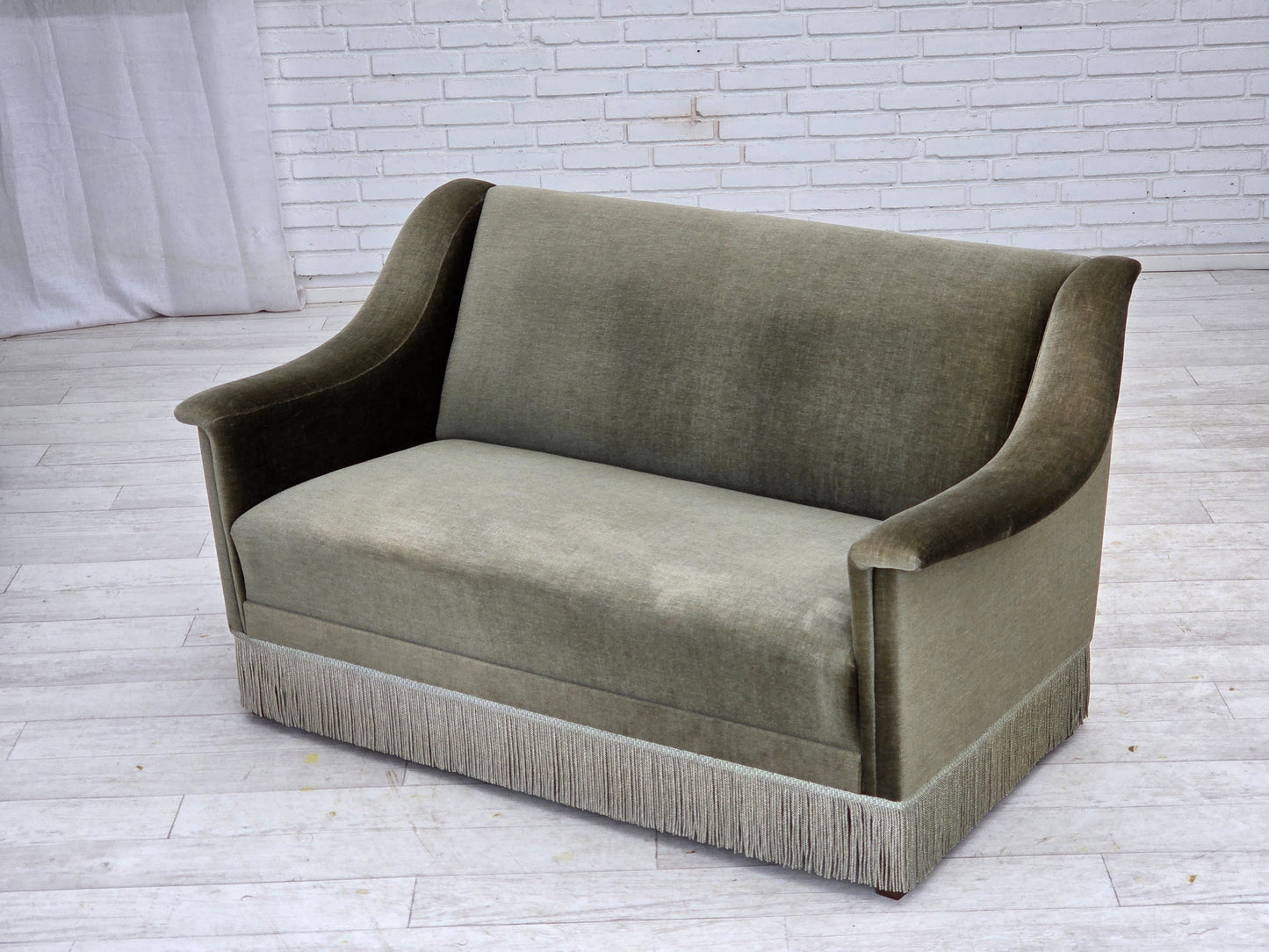 1970s, Danish 2-seater sofa, green furniture velour, beech wood.