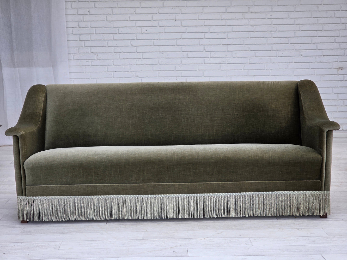 1970s, Danish 3-seater sofa, green furniture velour, beech wood.