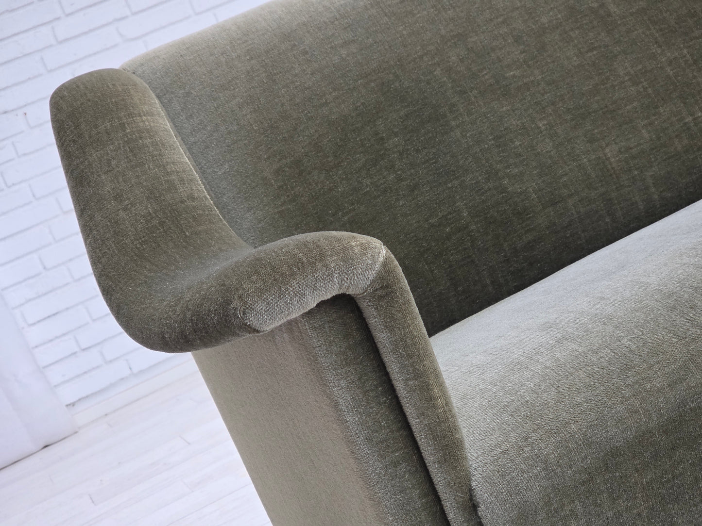 1970s, Danish 3-seater sofa, green furniture velour, beech wood.