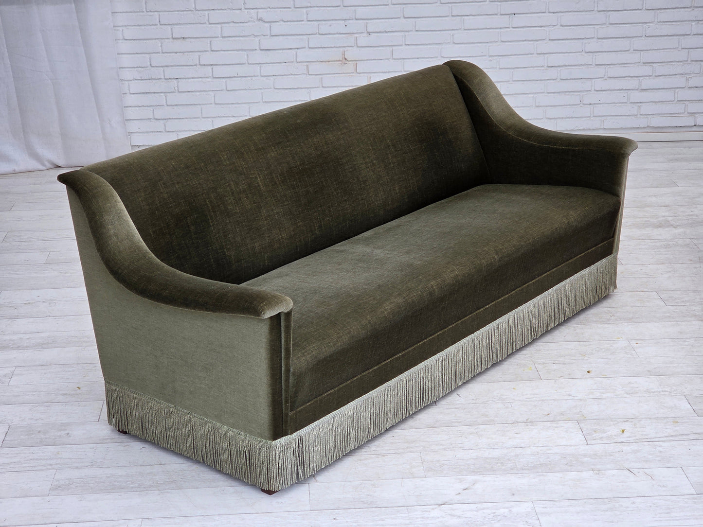 1970s, Danish 3-seater sofa, green furniture velour, beech wood.