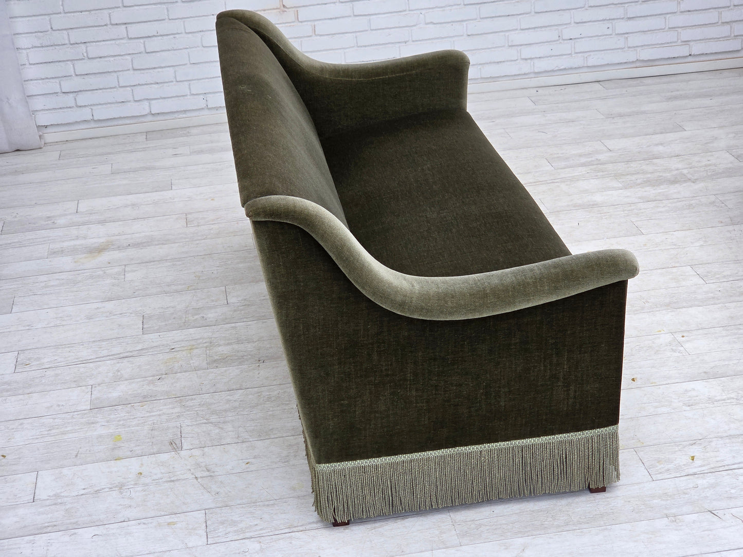 1970s, Danish 3-seater sofa, green furniture velour, beech wood.