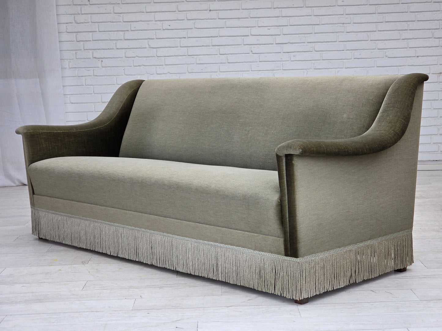 1970s, Danish 3-seater sofa, green furniture velour, beech wood.