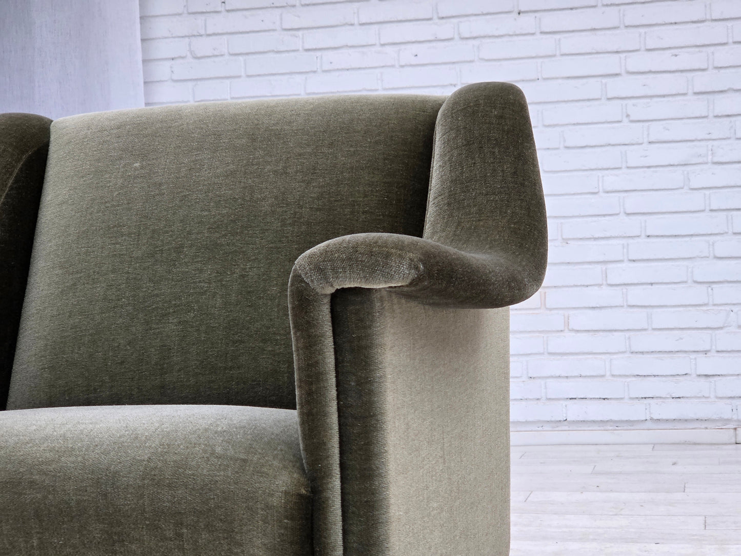1970s, Danish armchair, original green furniture velour, beech wood.