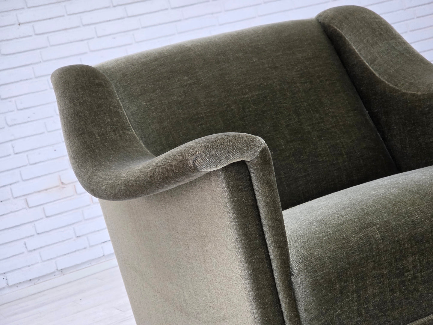 1970s, Danish armchair, original green furniture velour, beech wood.