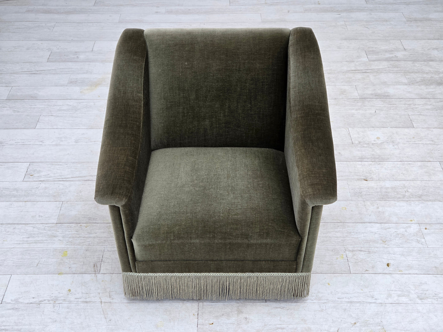 1970s, Danish armchair, original green furniture velour, beech wood.