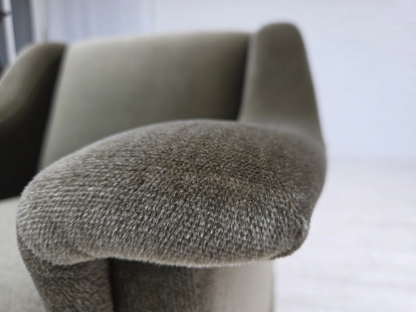 1970s, Danish armchair, original green furniture velour, beech wood.