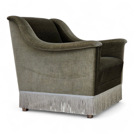 1970s, Danish armchair, original green furniture velour, beech wood.