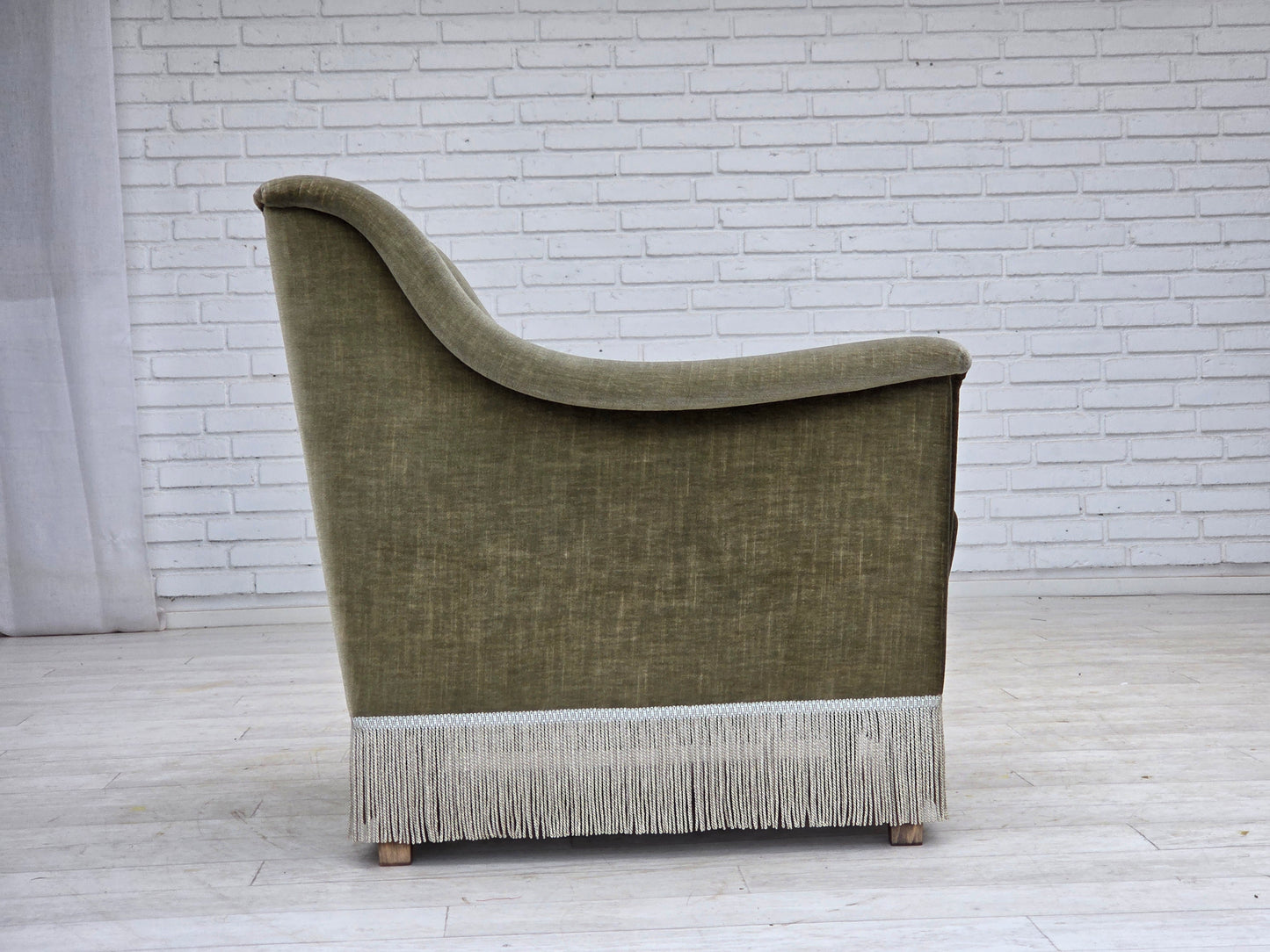 1970s, Danish armchair, original green furniture velour, beech wood.