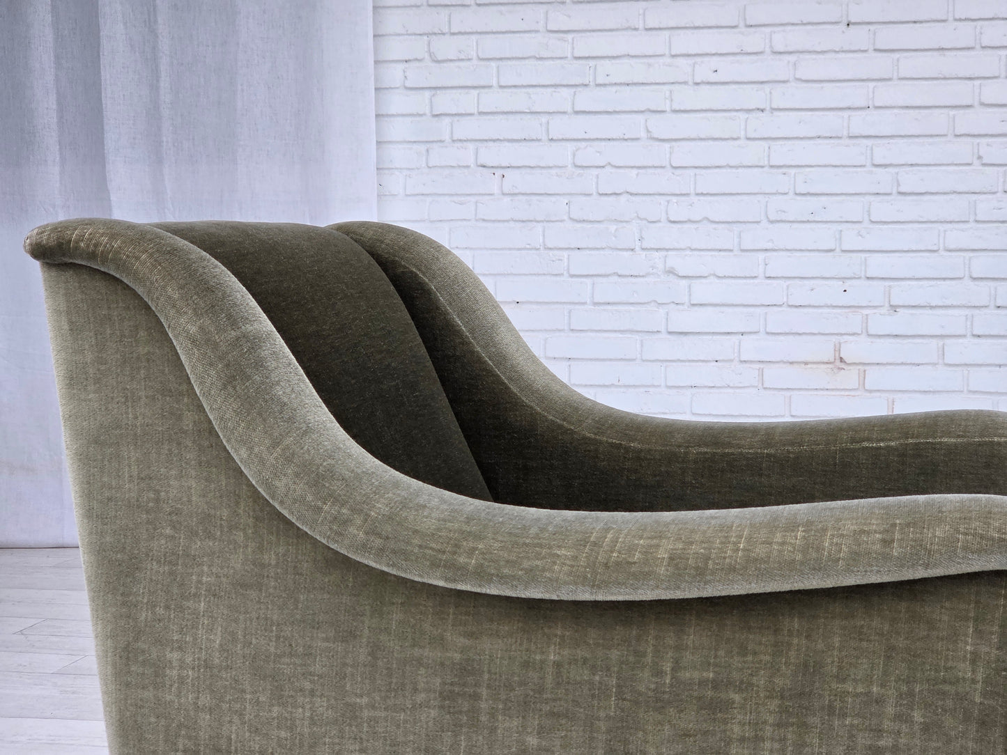 1970s, Danish armchair, original green furniture velour, beech wood.
