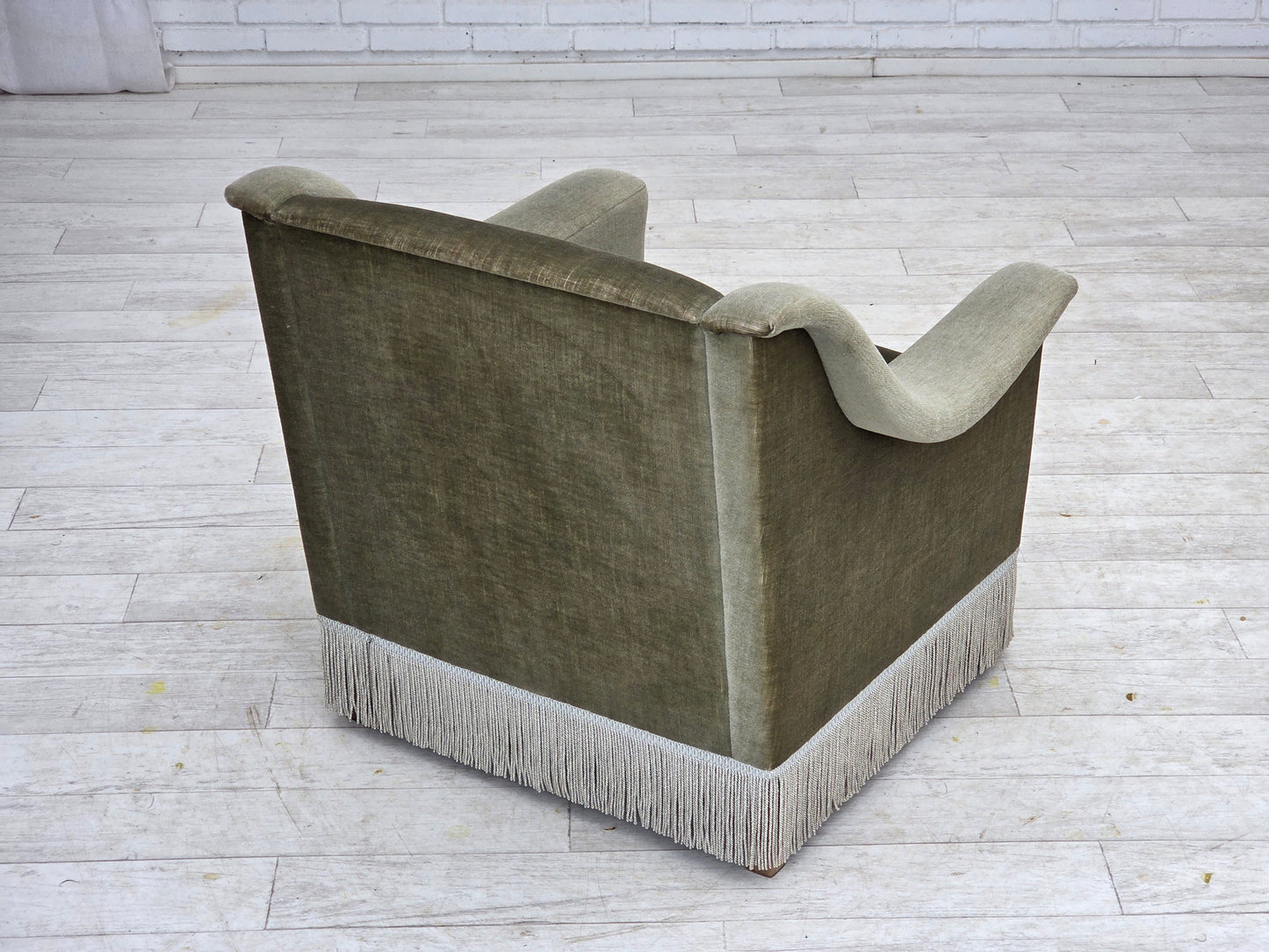 1970s, Danish armchair, original green furniture velour, beech wood.