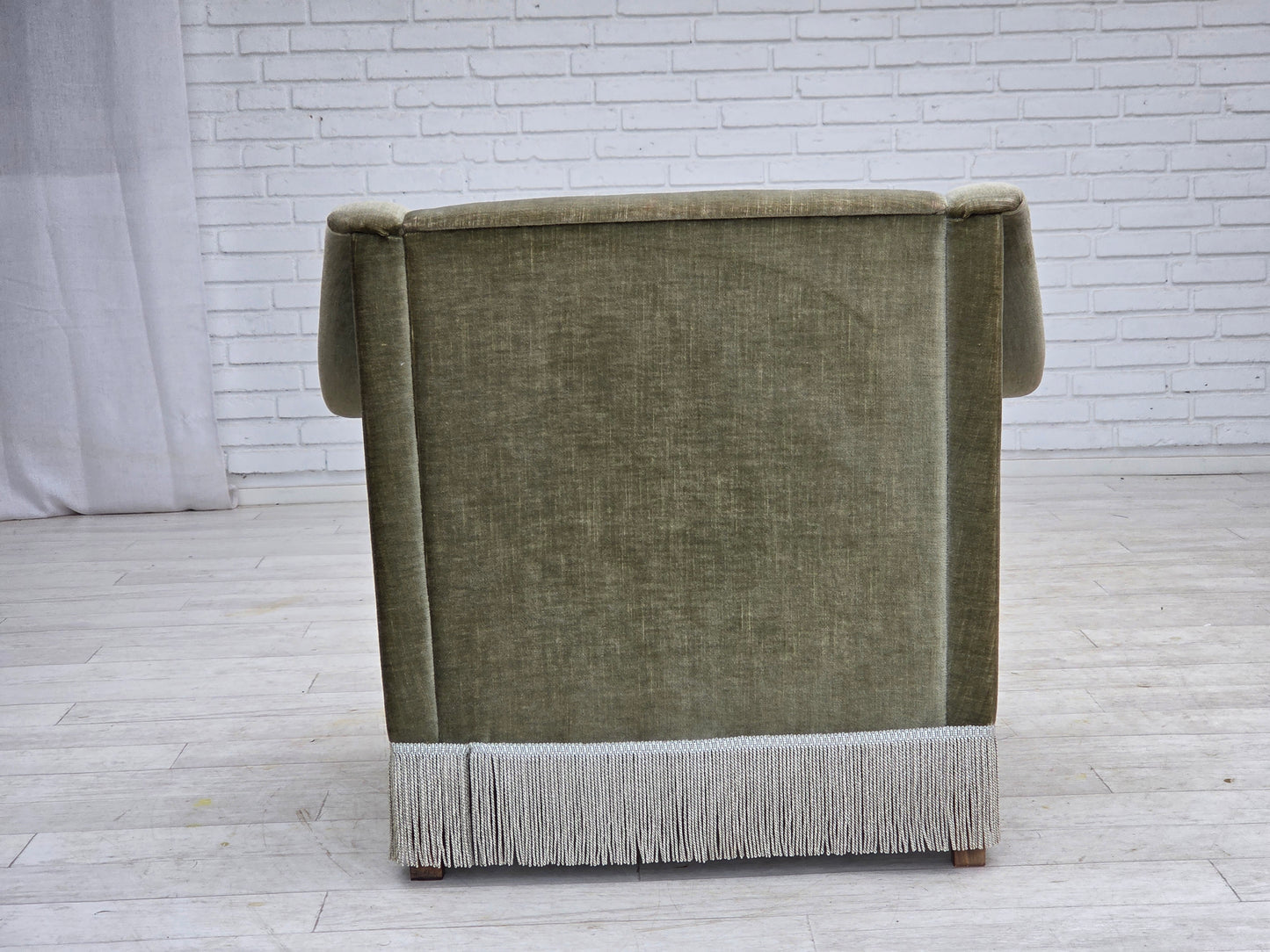 1970s, Danish armchair, original green furniture velour, beech wood.