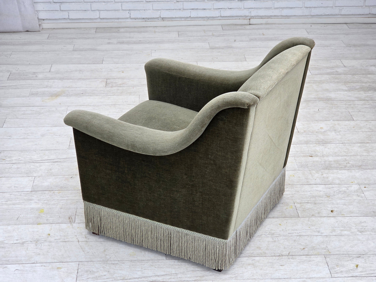 1970s, Danish armchair, original green furniture velour, beech wood.