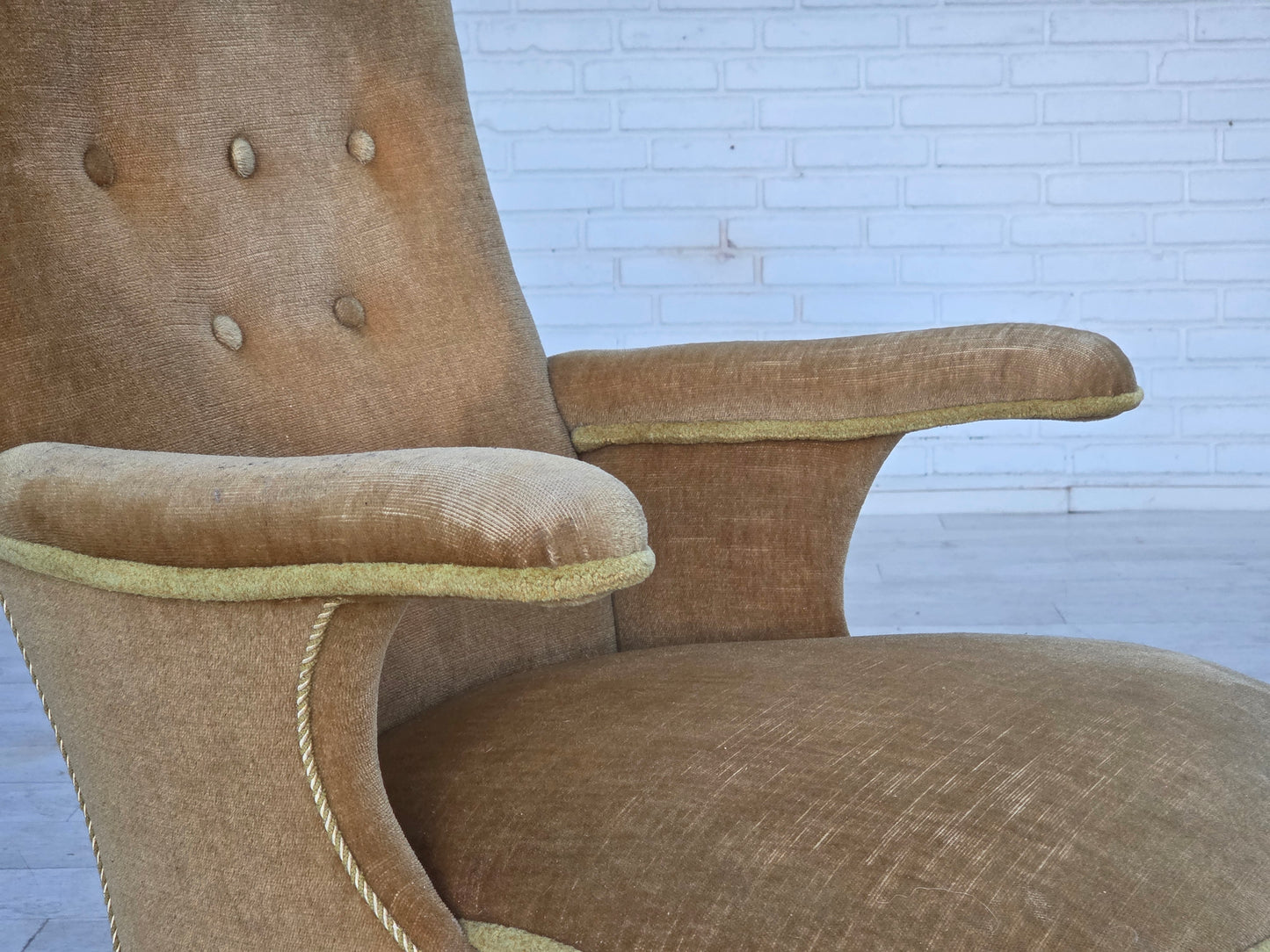 1950s, Danish armchair, furniture velour, ash wood legs.