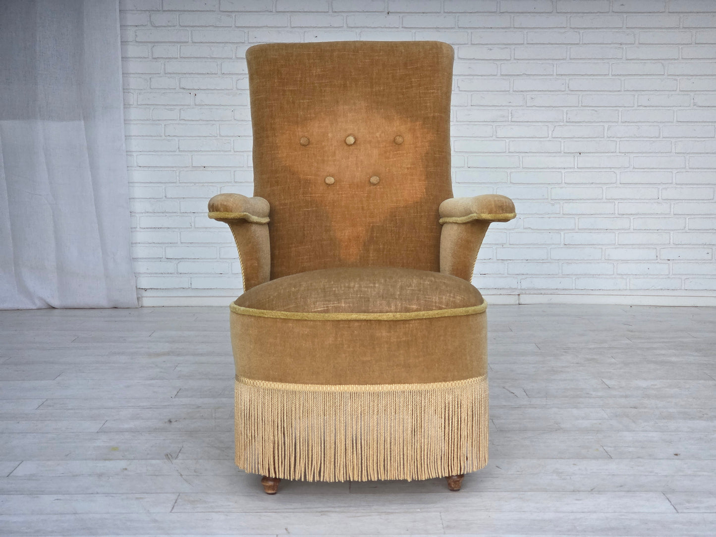 1950s, Danish armchair, furniture velour, ash wood legs.