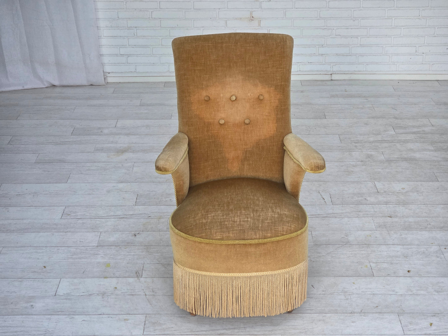 1950s, Danish armchair, furniture velour, ash wood legs.