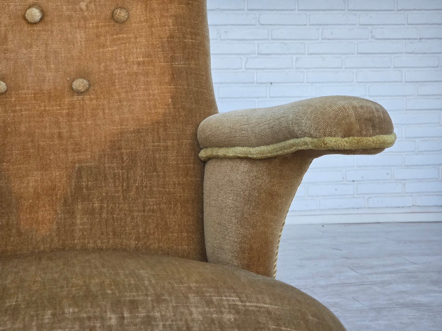 1950s, Danish armchair, furniture velour, ash wood legs.