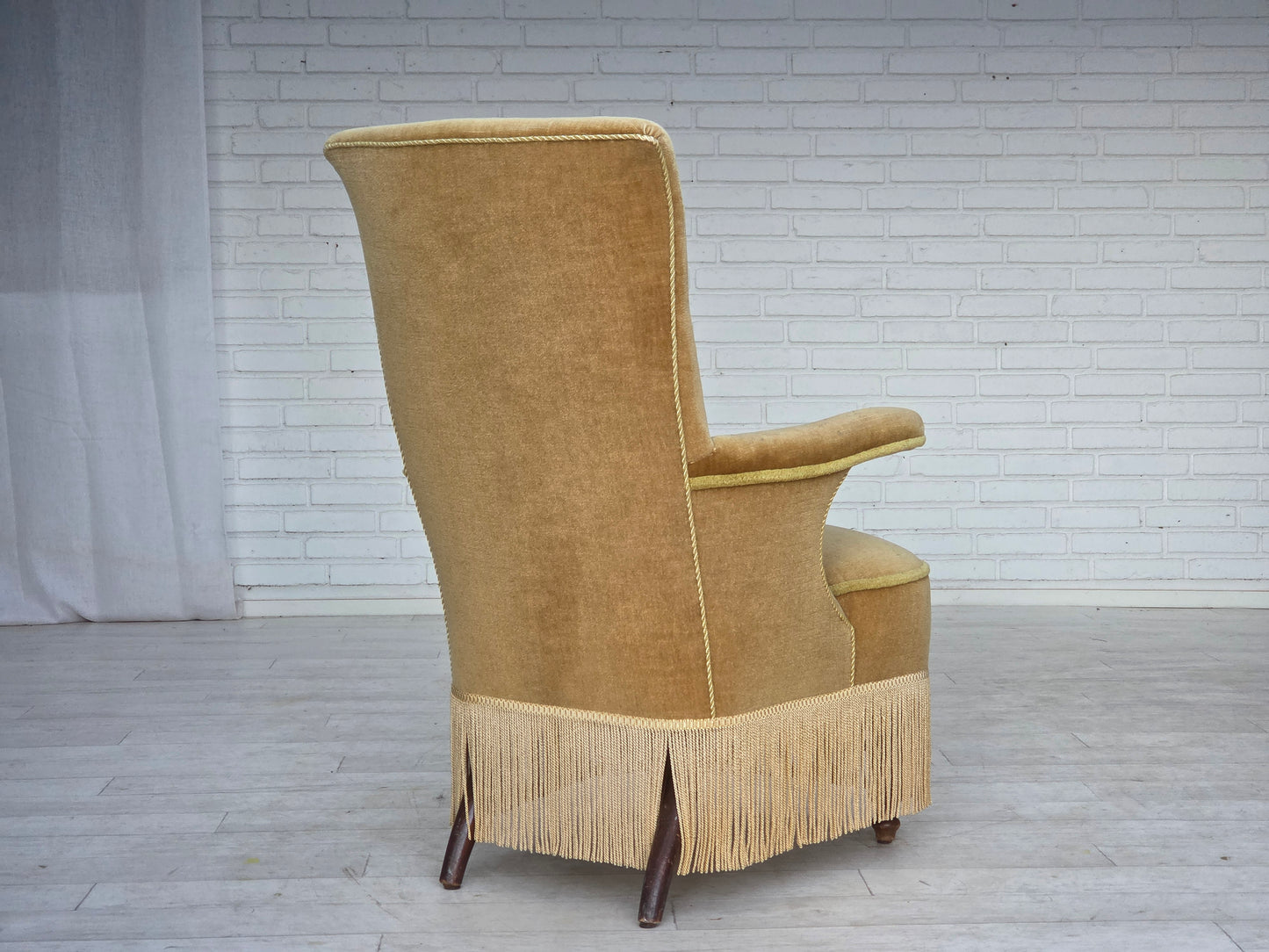 1950s, Danish armchair, furniture velour, ash wood legs.