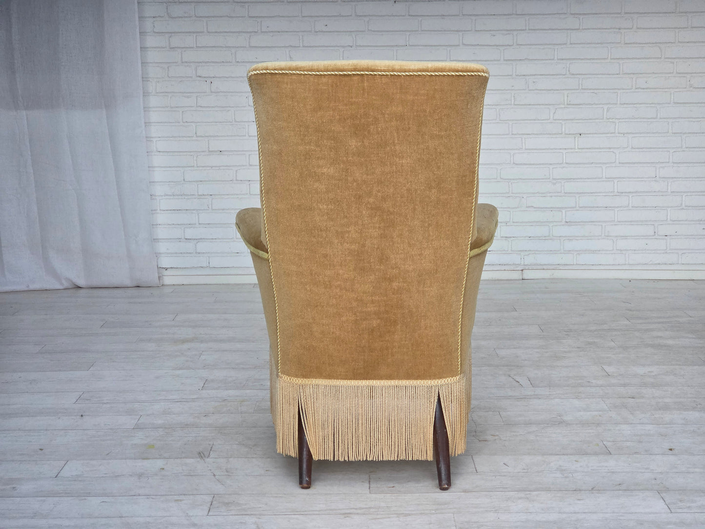 1950s, Danish armchair, furniture velour, ash wood legs.