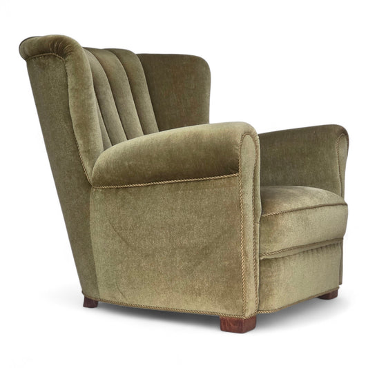 1960s, Danish relax armchair, original green furniture velour, beech wood.