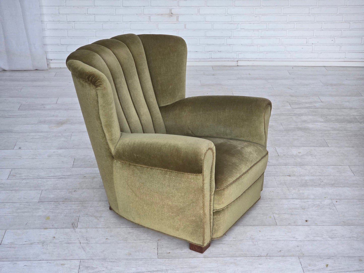 1960s, Danish relax armchair, original green furniture velour, beech wood.