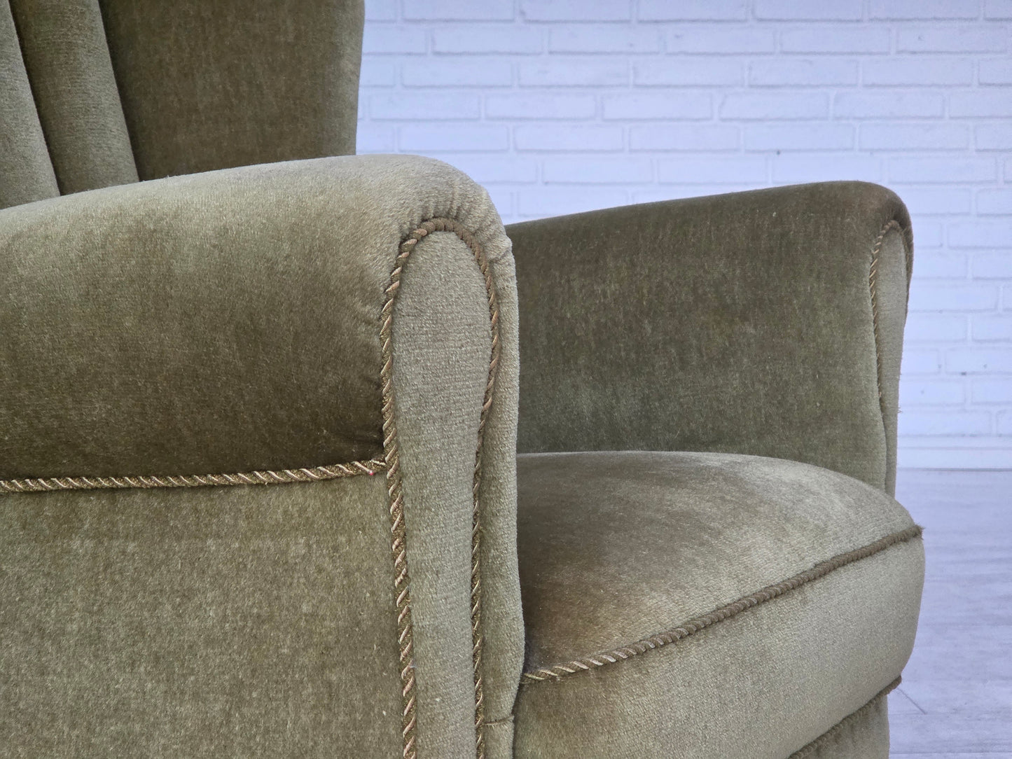 1960s, Danish relax armchair, original green furniture velour, beech wood.