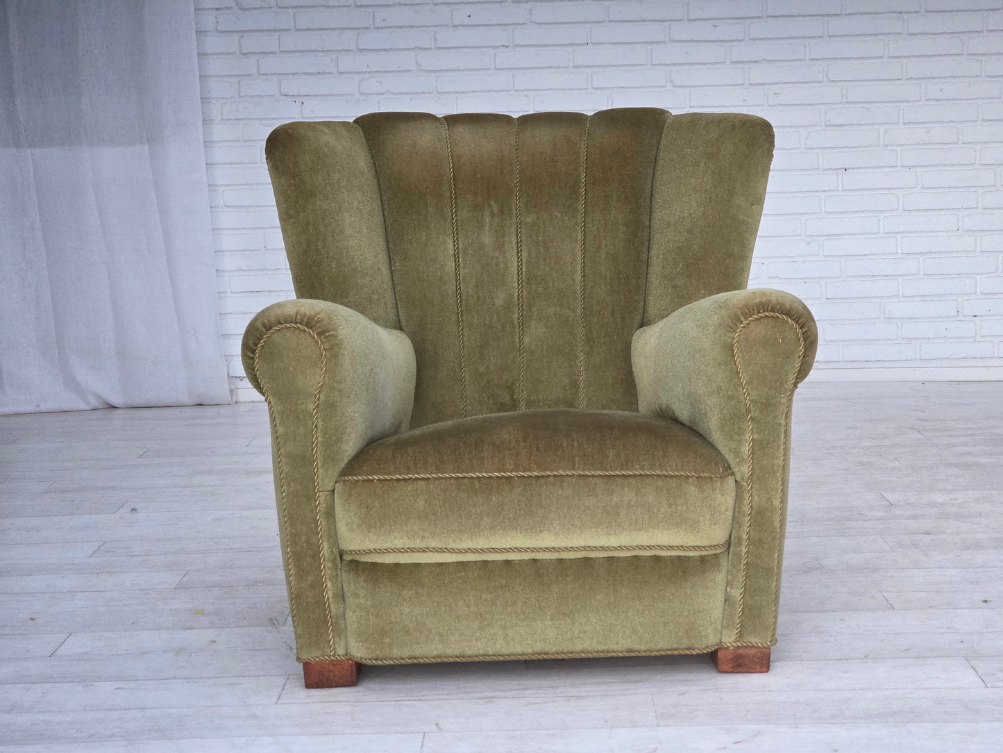 1960s, Danish relax armchair, original green furniture velour, beech wood.
