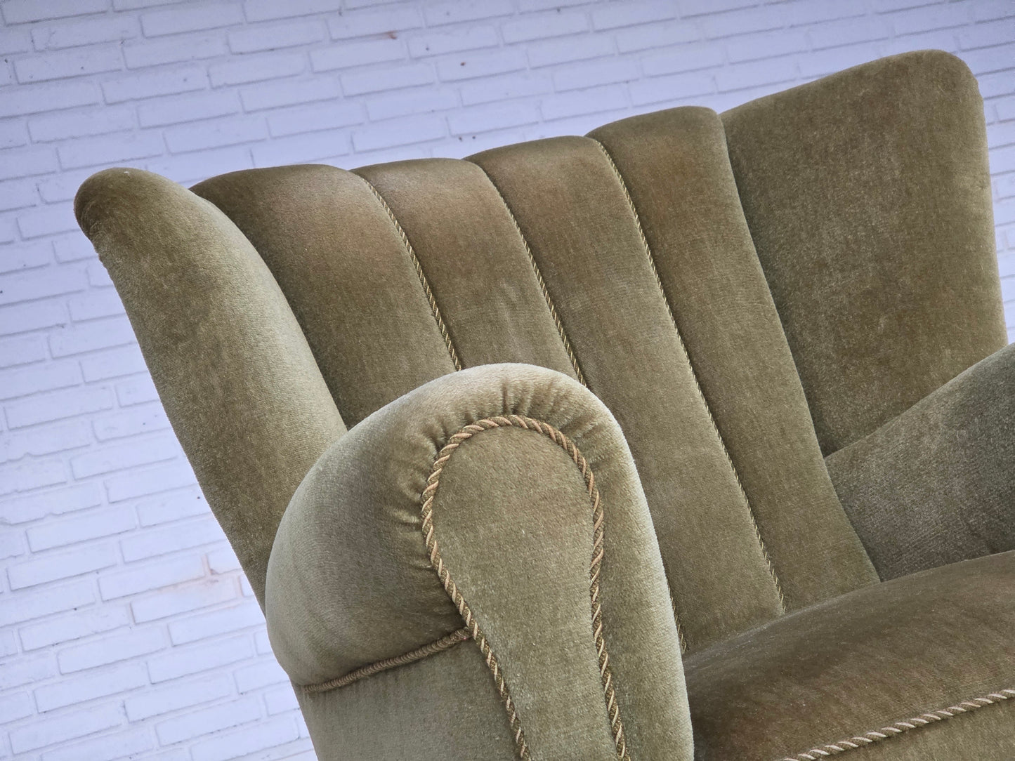 1960s, Danish relax armchair, original green furniture velour, beech wood.