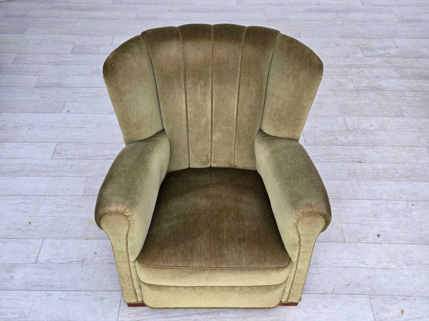 1960s, Danish relax armchair, original green furniture velour, beech wood.