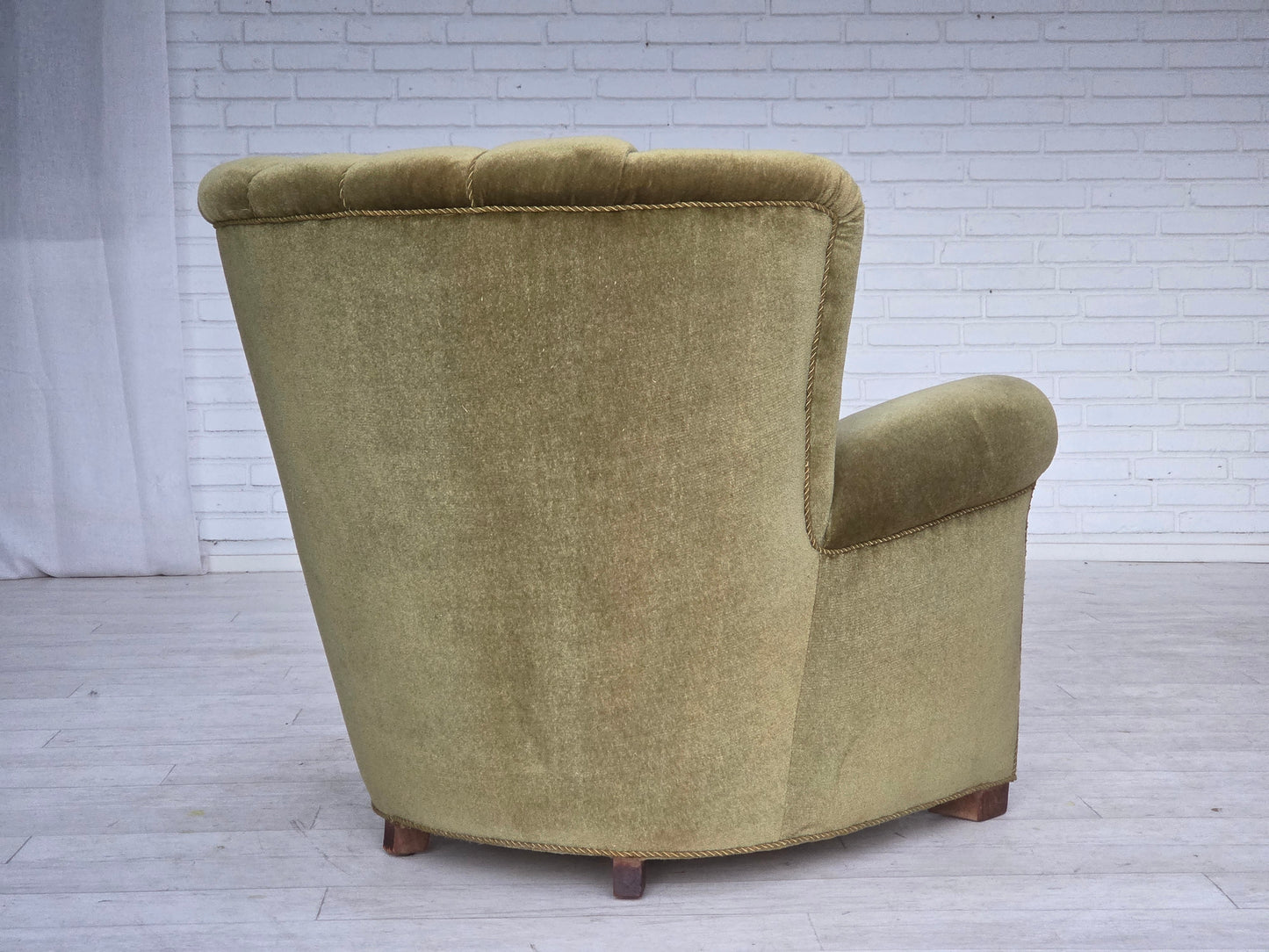1960s, Danish relax armchair, original green furniture velour, beech wood.