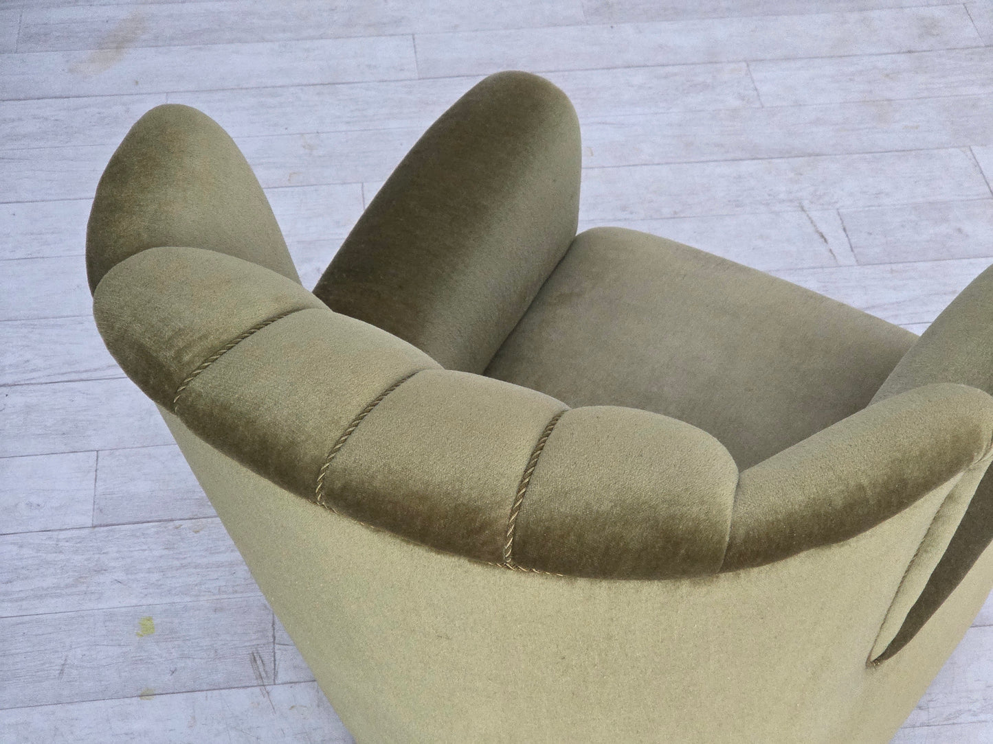 1960s, Danish relax armchair, original green furniture velour, beech wood.