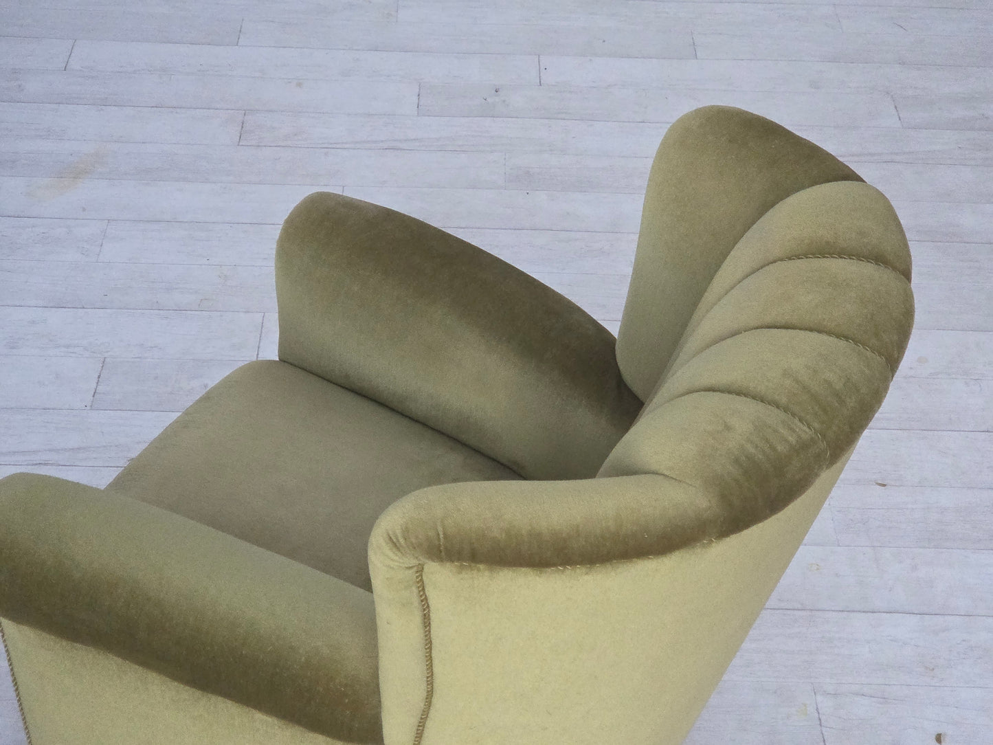 1960s, Danish relax armchair, original green furniture velour, beech wood.