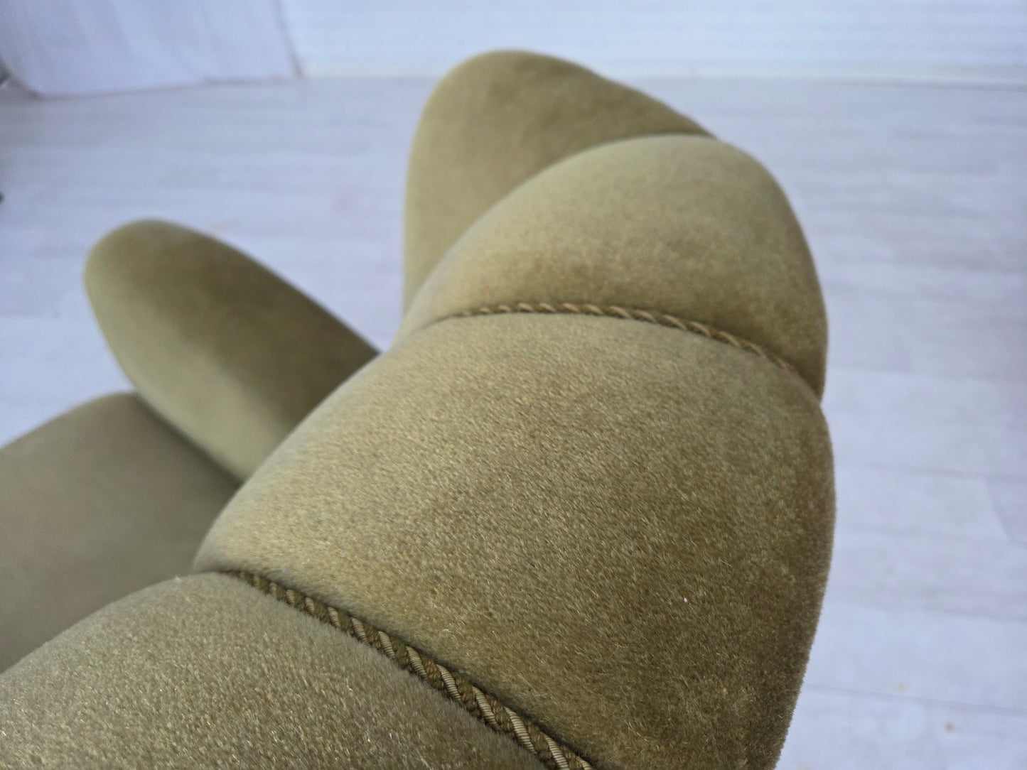 1960s, Danish relax armchair, original green furniture velour, beech wood.