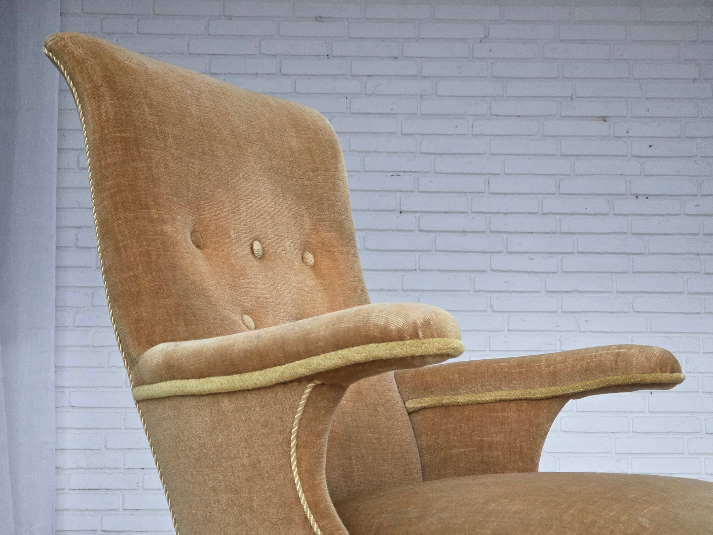 1950s, Danish armchair, furniture velour, ash wood legs.