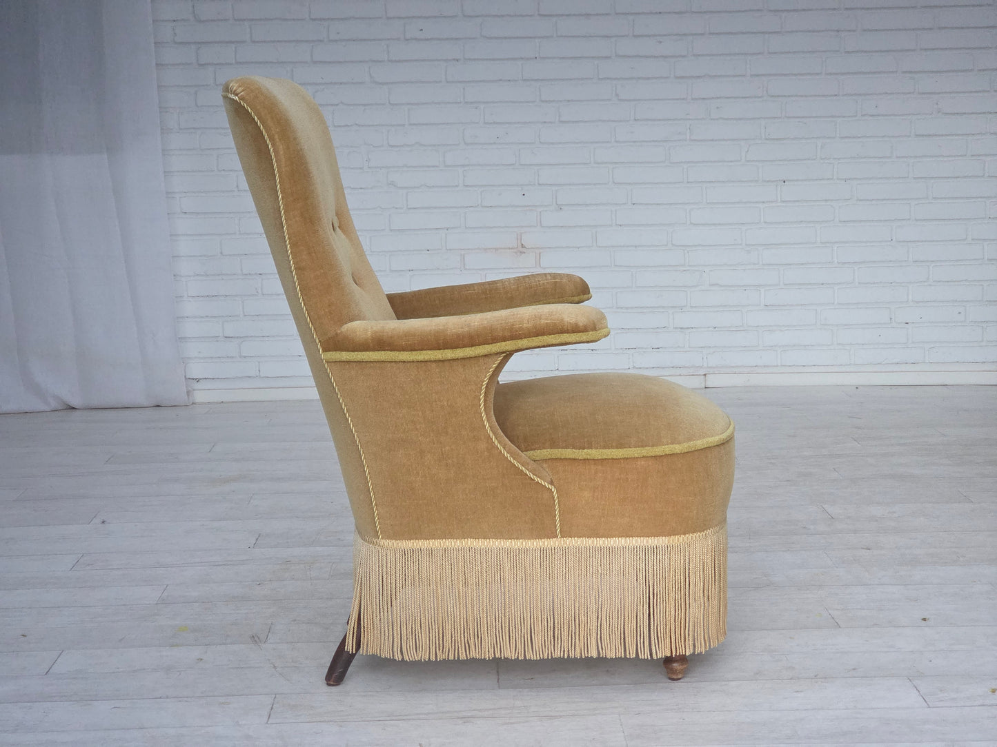 1950s, Danish armchair, furniture velour, ash wood legs.