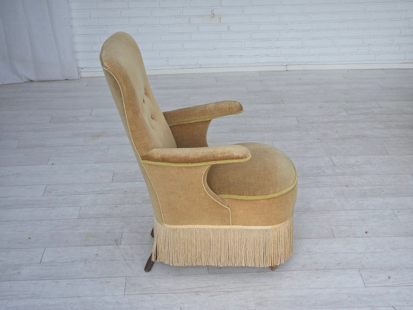1950s, Danish armchair, furniture velour, ash wood legs.